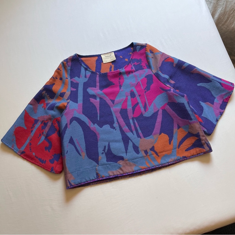 NOMAD BY MORGAN CARPER Blue abstract print boxy lagenlook kimono sleeve top